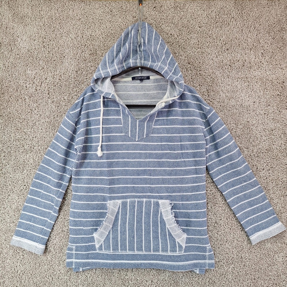 Ocean Drive Pullover Hoodie Womens S Blue Striped Baja Knit Beachy Coastal